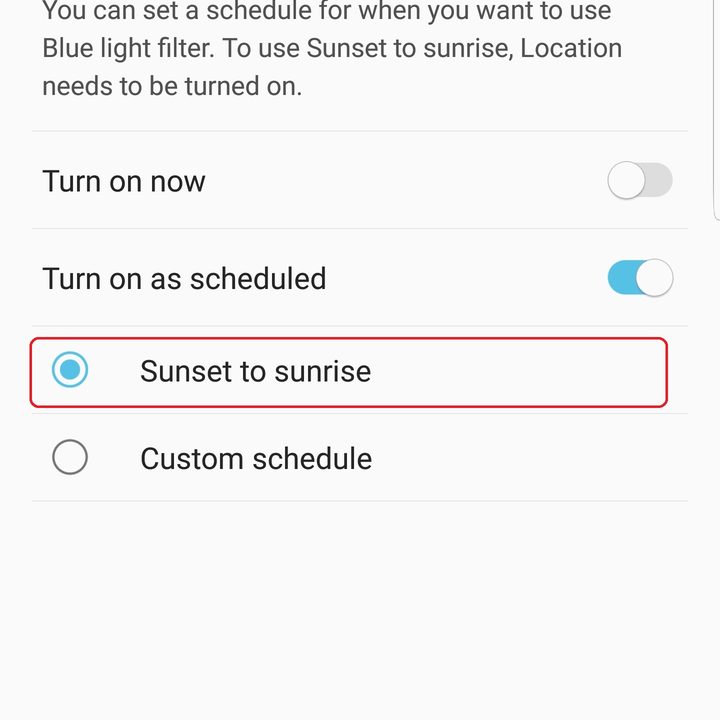 samsung galaxy s9 plus settings blue light filter schedule