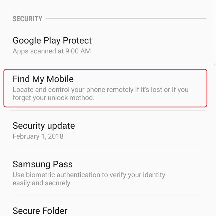 samsung galaxy s9 plus settings find my mobile