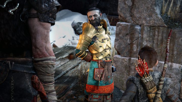 God of War Review | Kratos and Atreus speaking with a man in gold armor