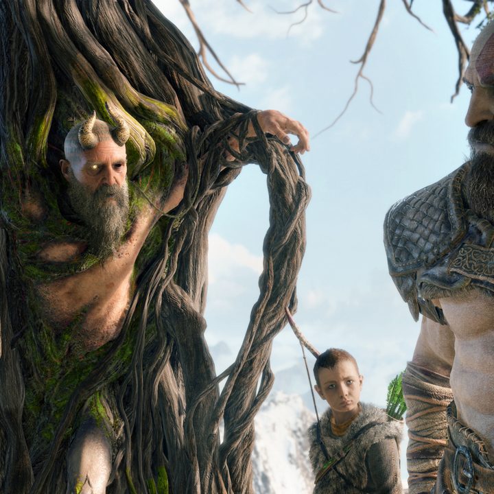 God of War Review | Kratos and Atreus speaking with some sort of tree creature