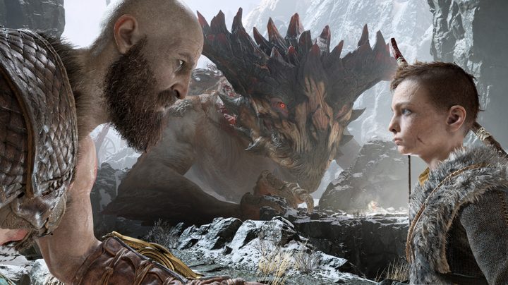 God of War Review | Kratos and Atreus having an emotional conversation in front of a large beast