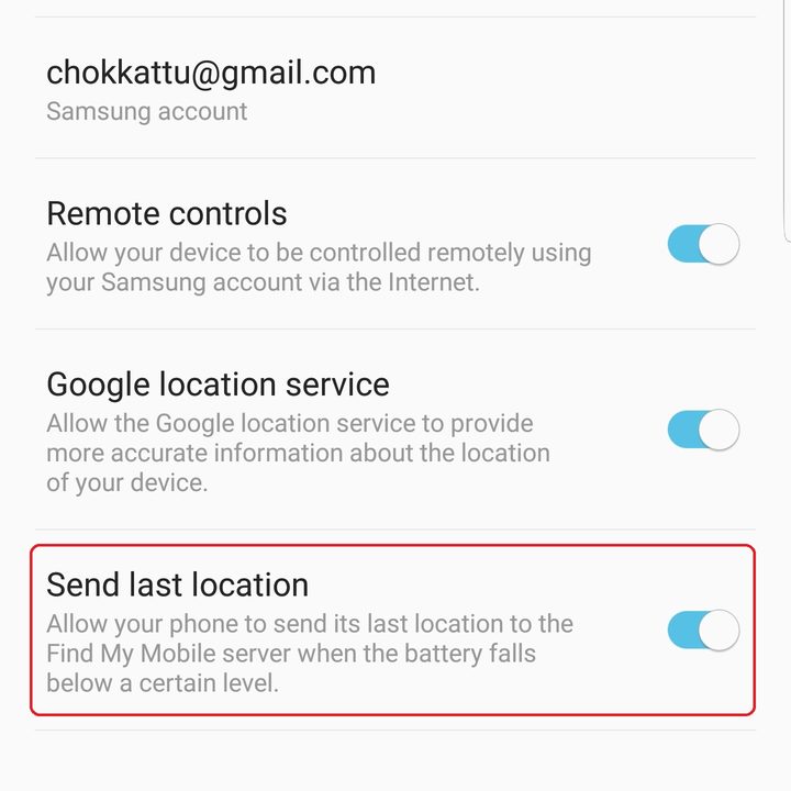 samsung galaxy s9 plus settings send last location