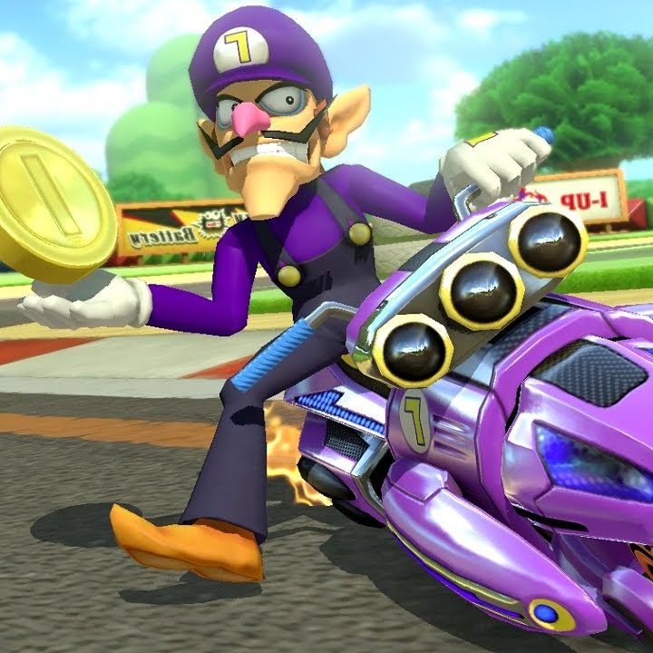Waluigi rides a kart and holds a coin in Mario Kart 8.