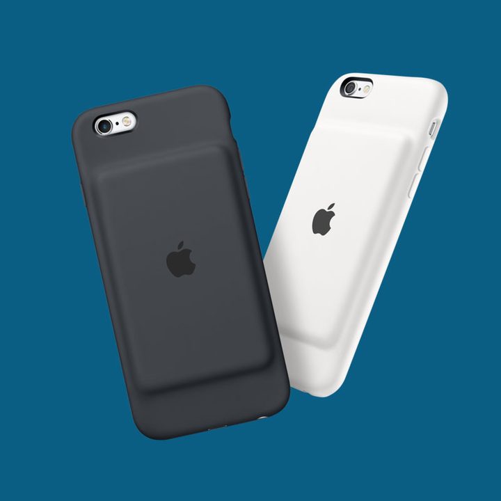 Two Apple iPhones, each inside a Smart Battery Case. One is a white case and the other is a black case.
