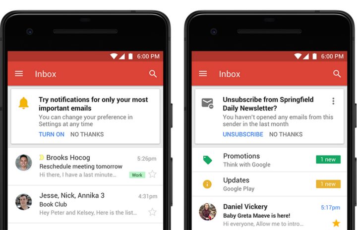 Gmail high-priority notifications and newsletter unsubscribe suggestions