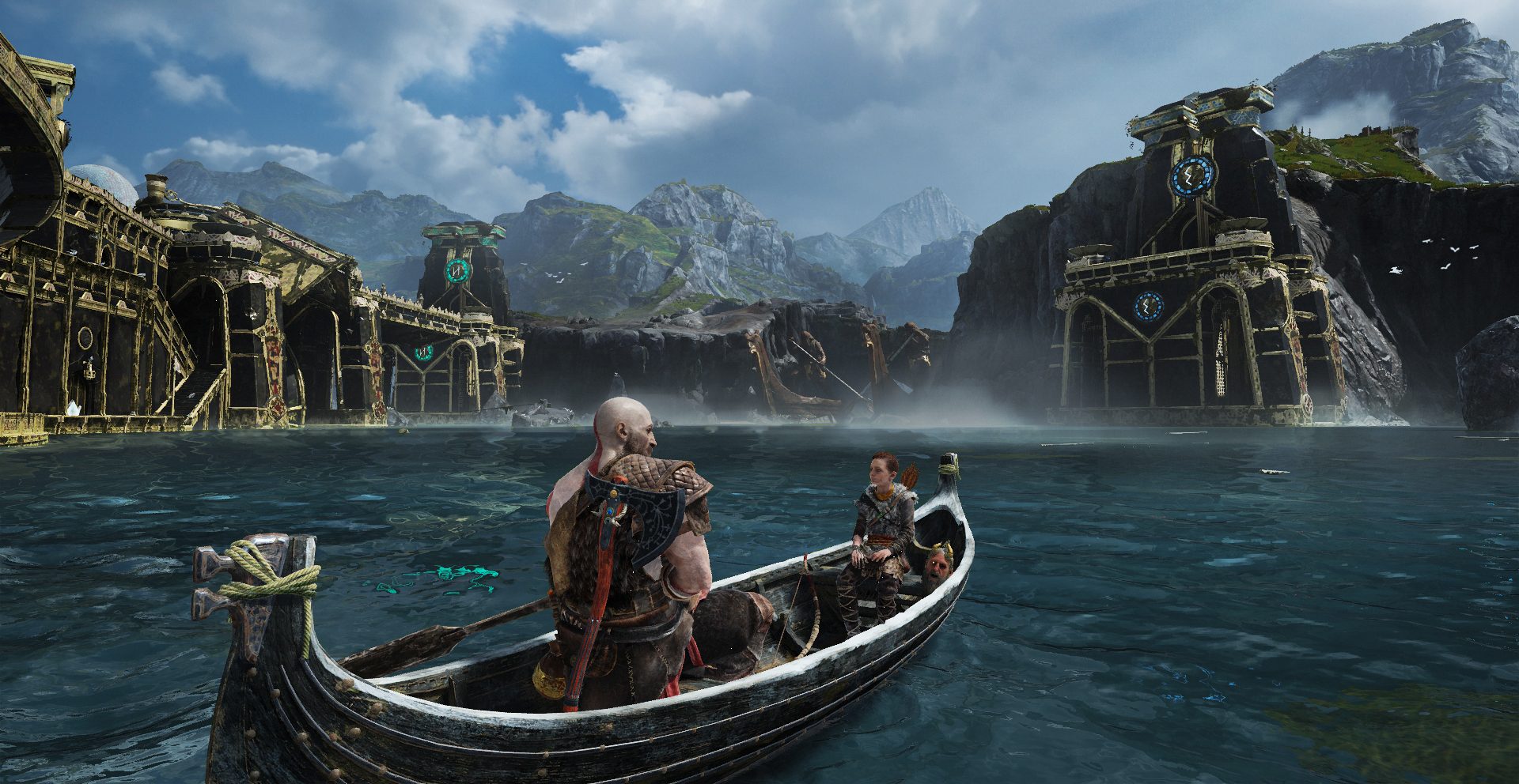 God of War Review | Kratos and Atreus crossing a large body of water near a temple