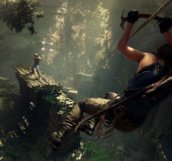 Lara using zipline in Shadow of the Tomb Raider.