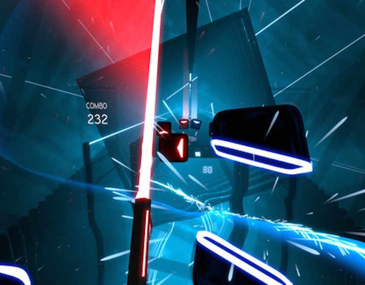 Saber slicing a block in Beat Saber.