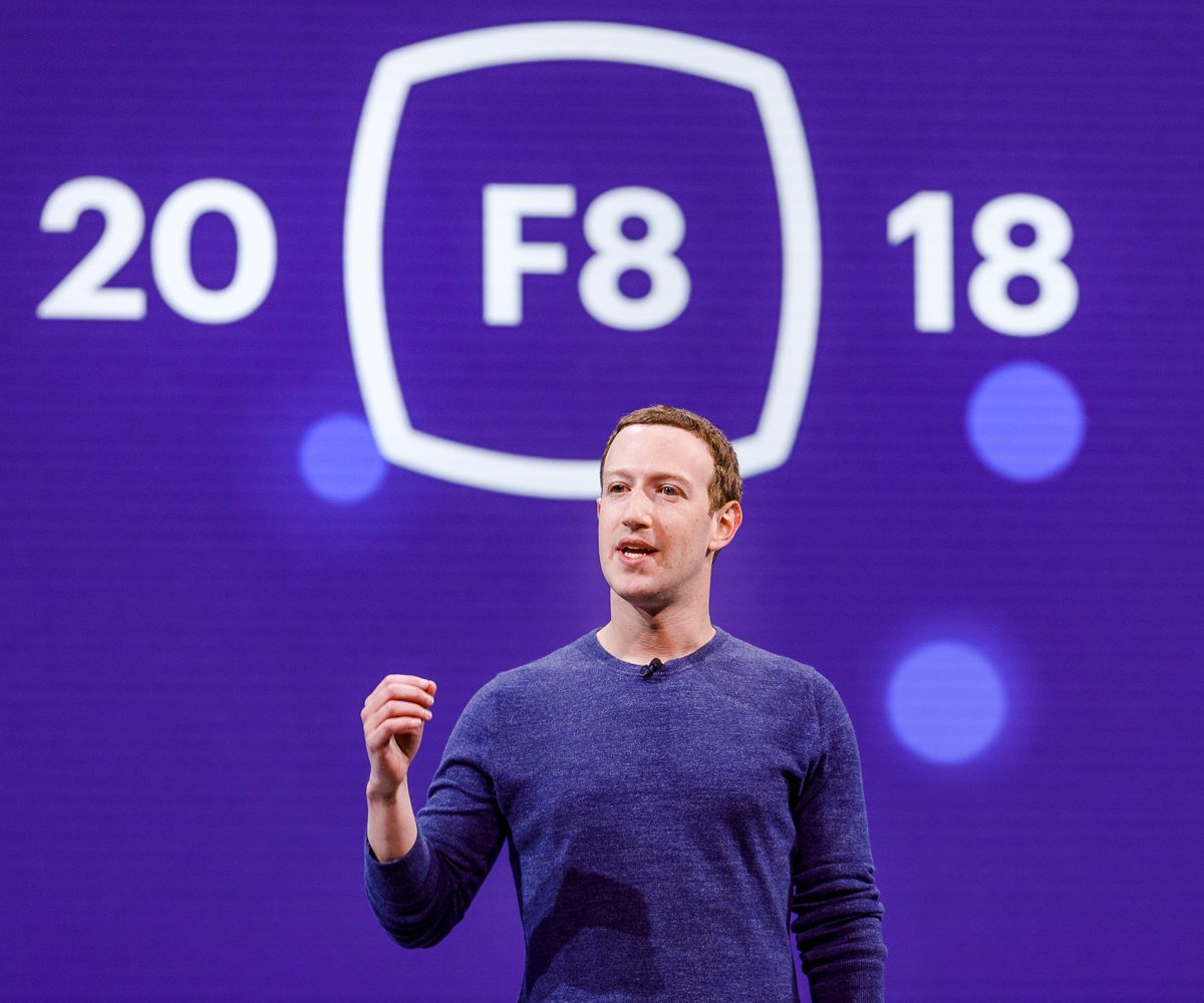 Mark Zuckerberg Keynote Address in front of F8 logo
