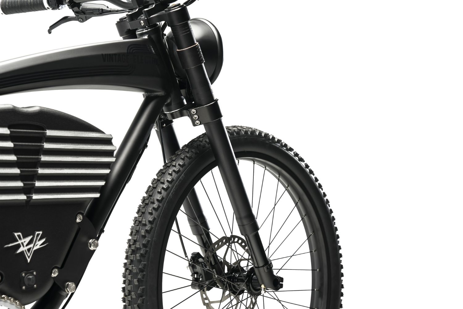 vintage electric scrambler s ebike black fork detail