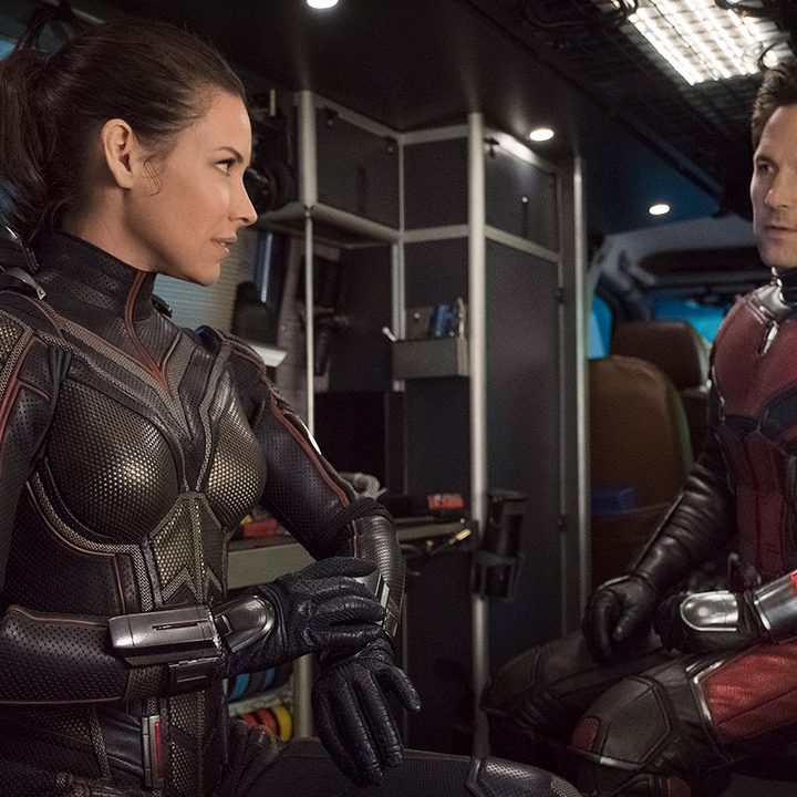 Evageline Lilly and Paul Rudd as The Wasp and Ant-Man talking inside a van in "Ant-Man and the Wasp."