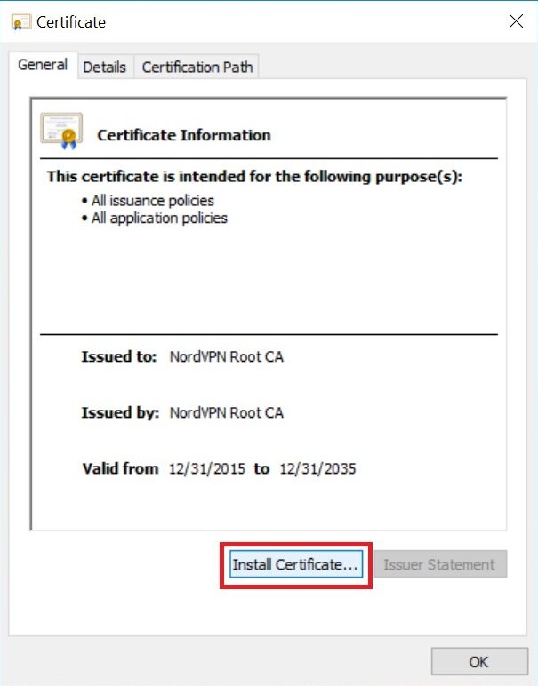 Certificate information window