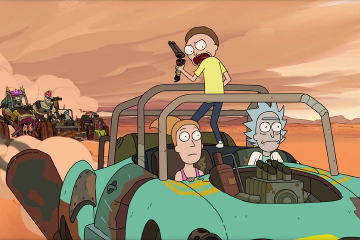 Summer, Morty, and Rick driving across a wasteland in "Rick and Morty."