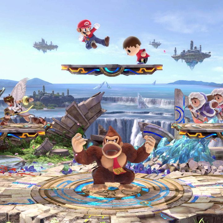 Characters fighting in Super Smash Bros. Ultimate.