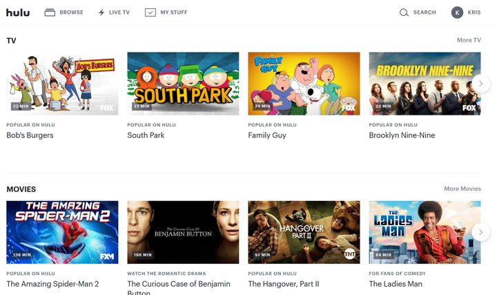 The Hulu interface offers a wide selection of television series and movies.