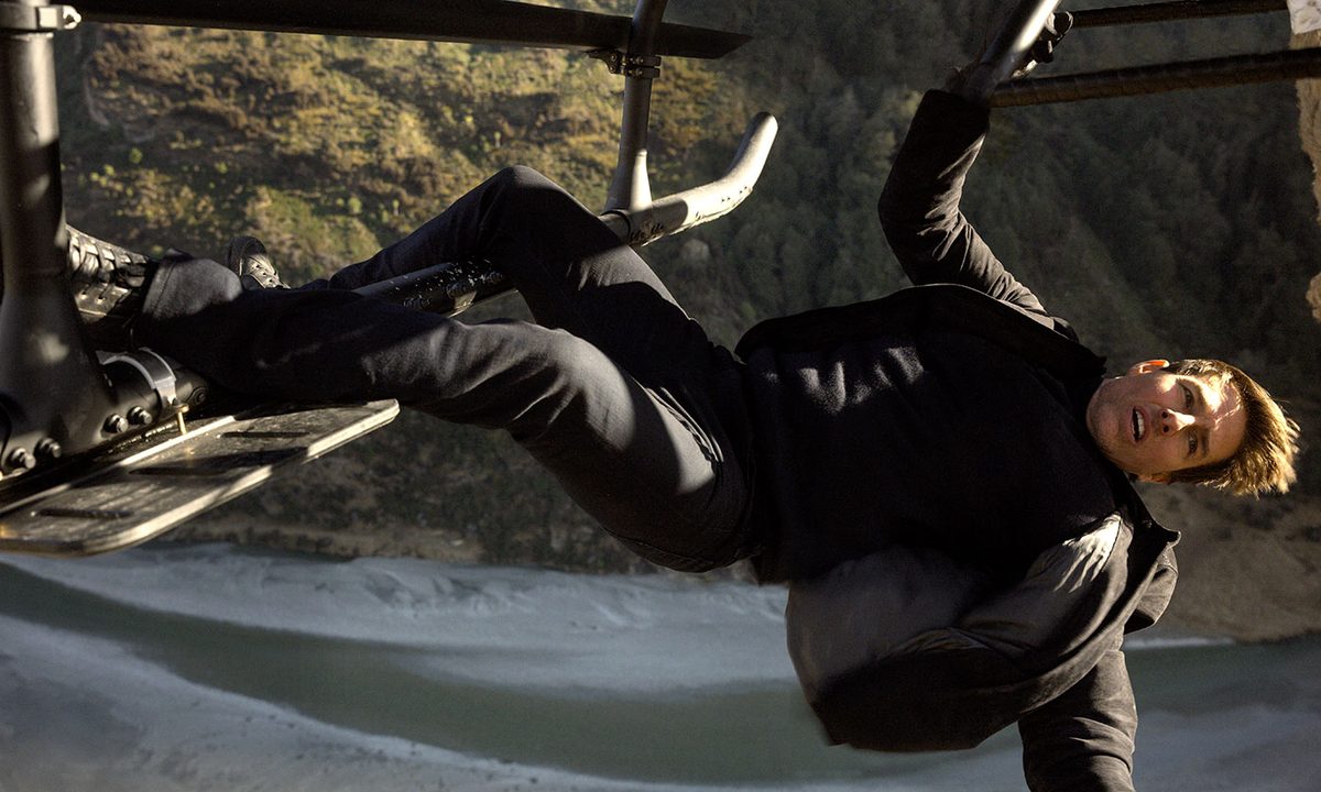 Tom Cruise hanging from the bottom of a helicopter in "Mission: Impossible - Fallout."