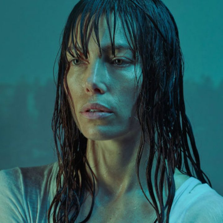 Jessica Biel stands and stares.