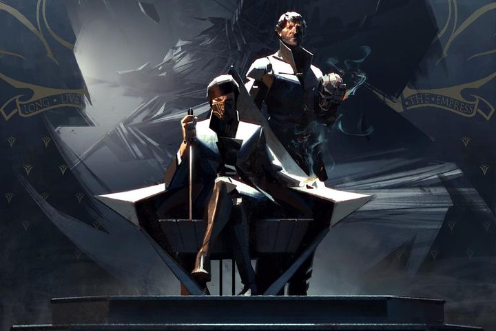 Corvo standing behind Emily sitting in a chair.
