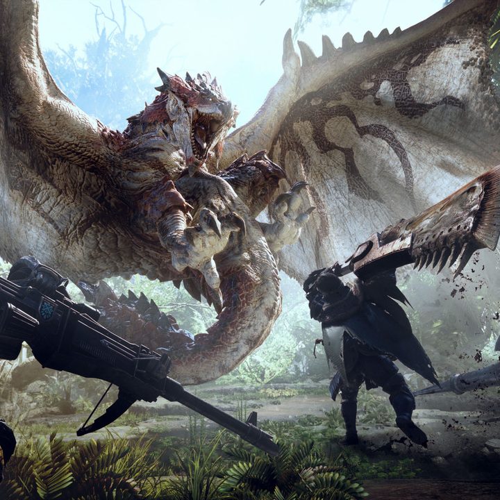 Hunters standing in front of a dragon in Monster Hunter: World.