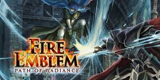 An epic logo for Fire Emblem: Path of Radiance shows characters fighting.