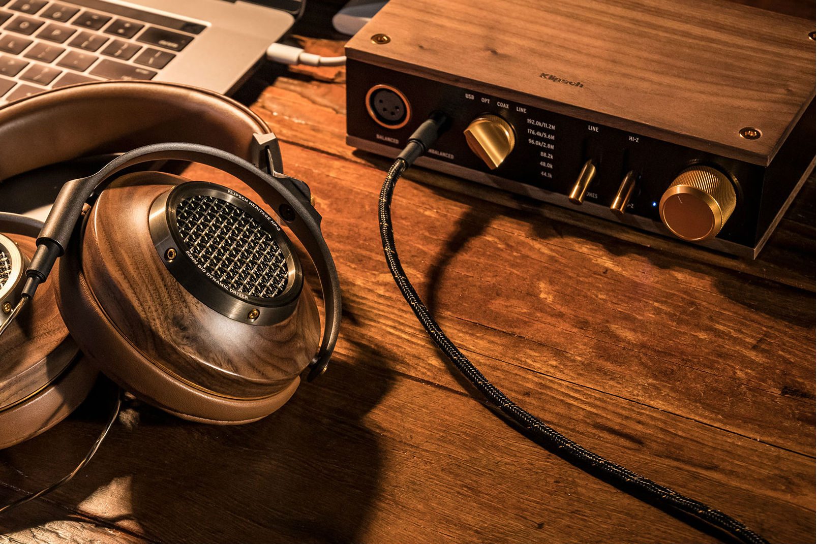Headphones connected to headphone amp.