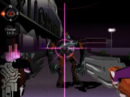 Killer7's hero aims at an enemy with two guns.