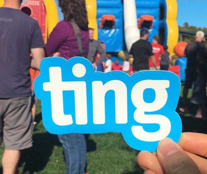 Ting logo sign being held in the foreground with a crowd and a bouncy castle in the background.