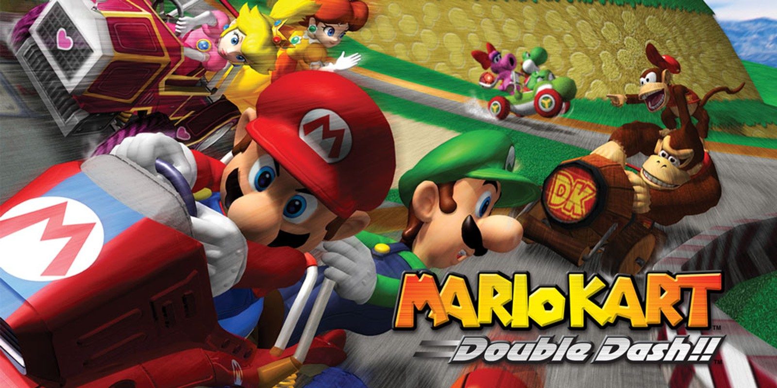 Mario characters race in Mario Kart Double Dash art.