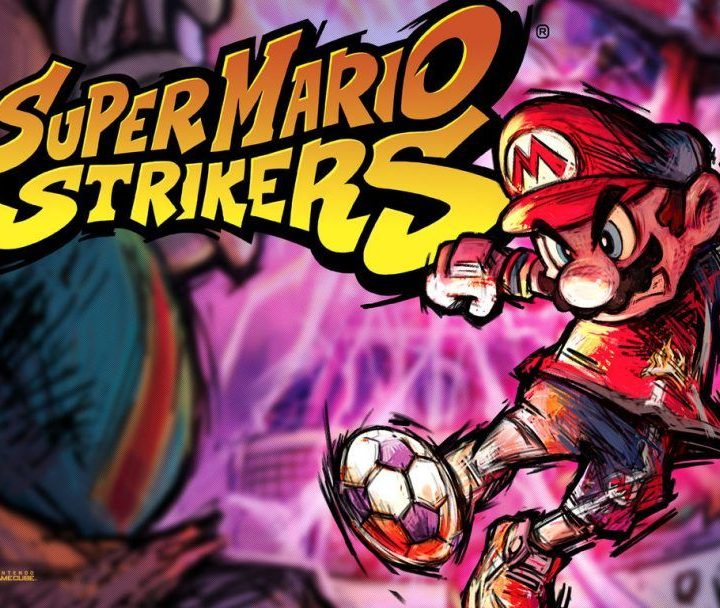 Mario kicks a soccer ball in Super Mario Strikers.