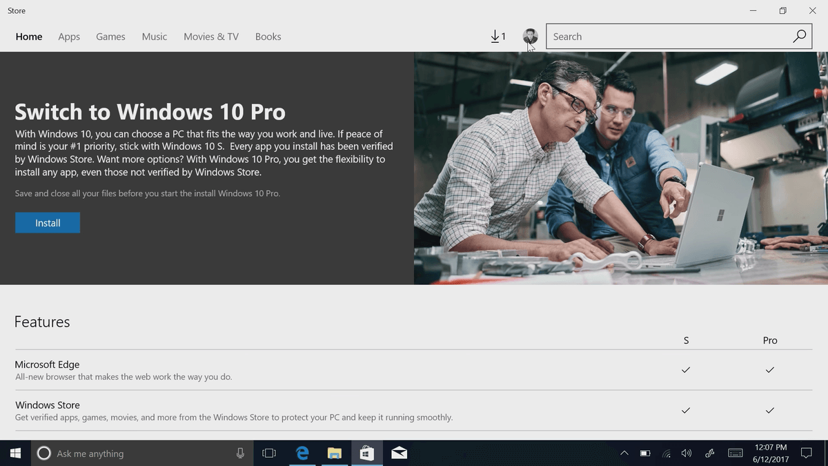 windows 10 s mode switch to pro