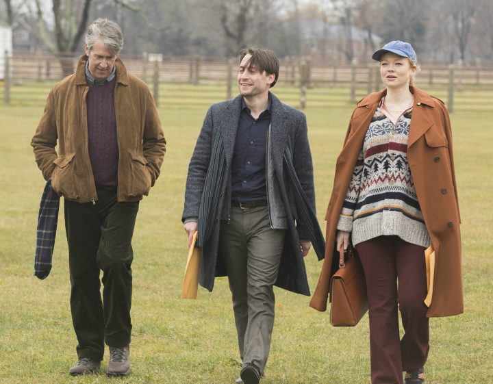 Connor, Roman, and Shiv Roy walking outside from a scene in season 1 of Succession.