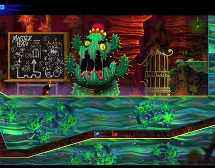An evil cactus writing his master plan on a chalkboard.