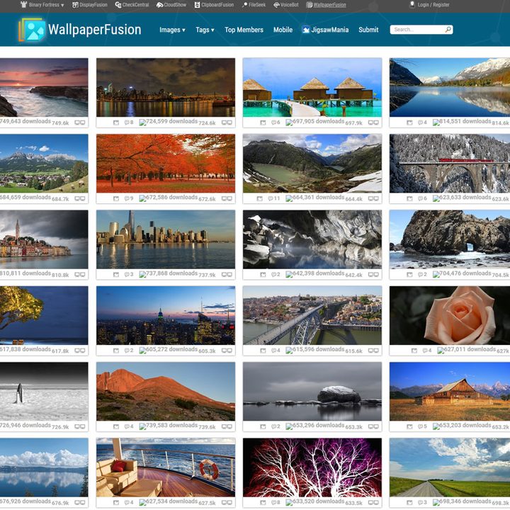 A WallpaperFusion website screenshot showing a wide selection of image thumbnails of the site's available wallpapers.