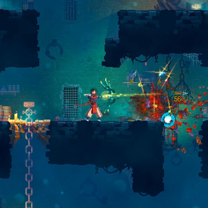 The dead cells character shooting a bow and arrow.