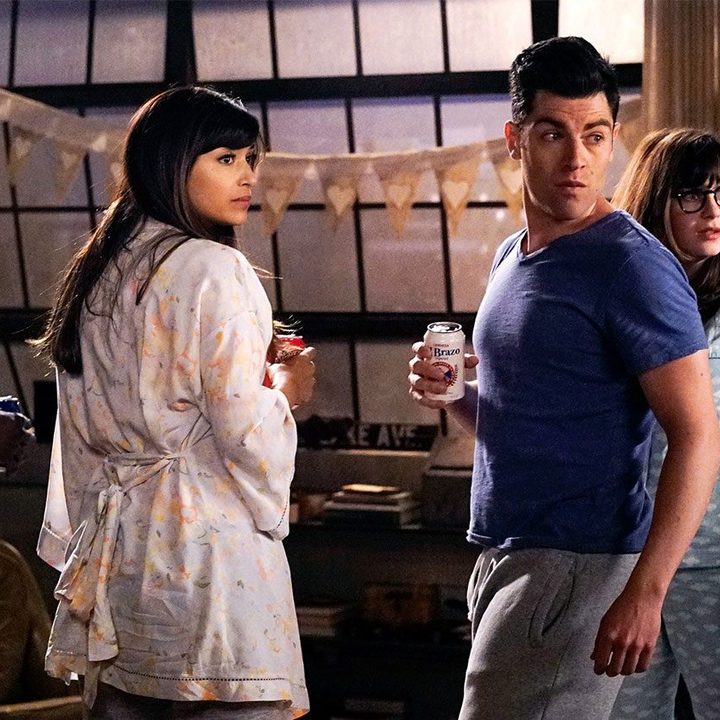 Five people look and stares in a scene from New Girl.