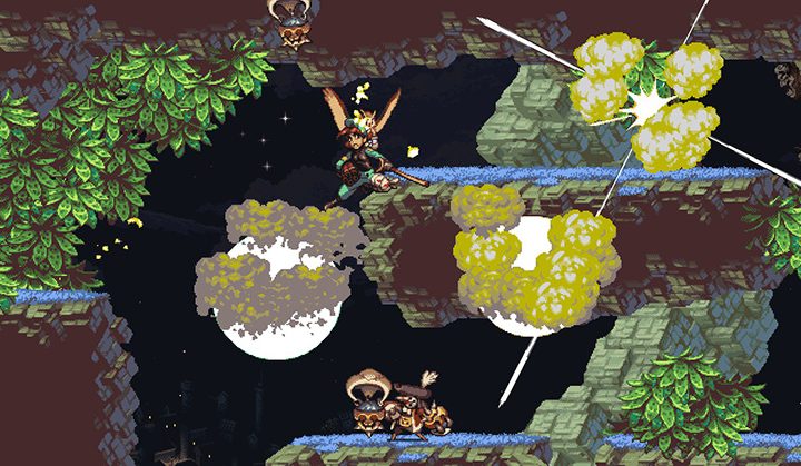 Owlboy carrying a green soldier.