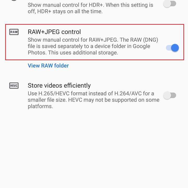 google pixel 3 settings raw jpeg control