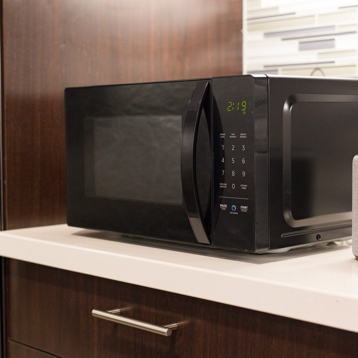 AmazonBasics Microwave on a counter.