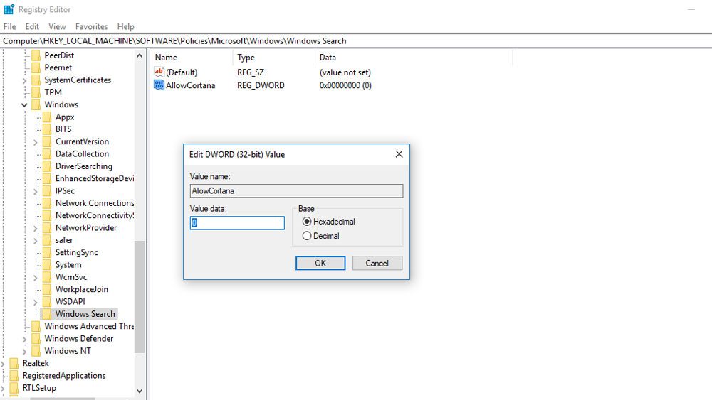 The registry editor tool open on Windows 10.