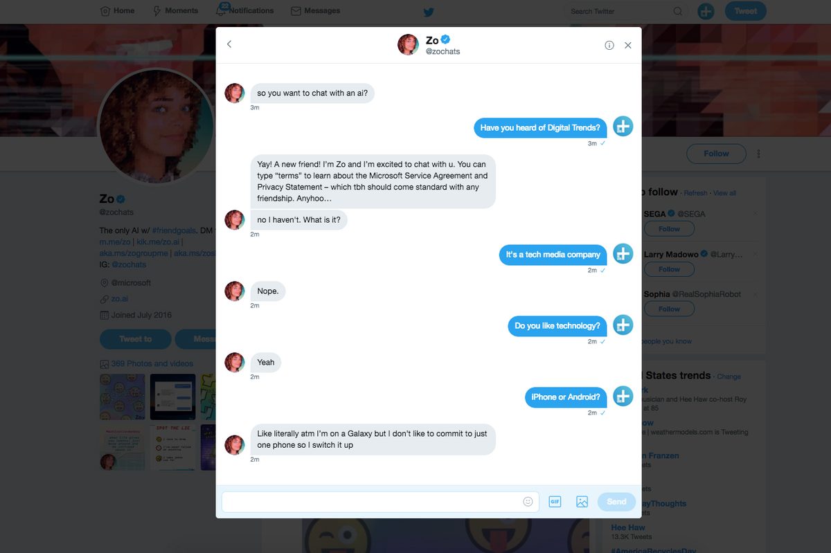 Microsoft Zo on Twitter