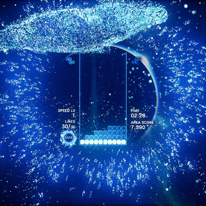 A trippy Tetris screen in tetris Effect.
