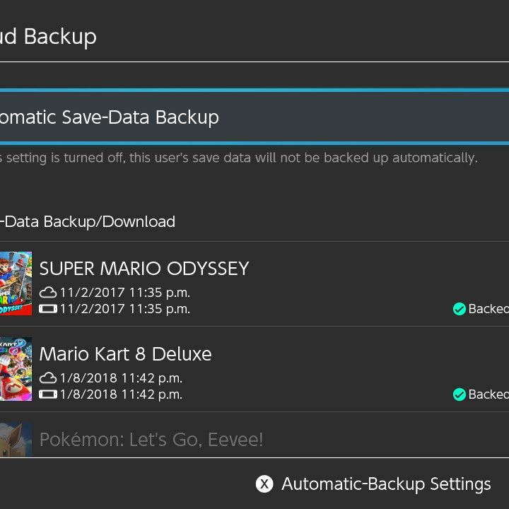 Nintendo Switch cloud backup screen.