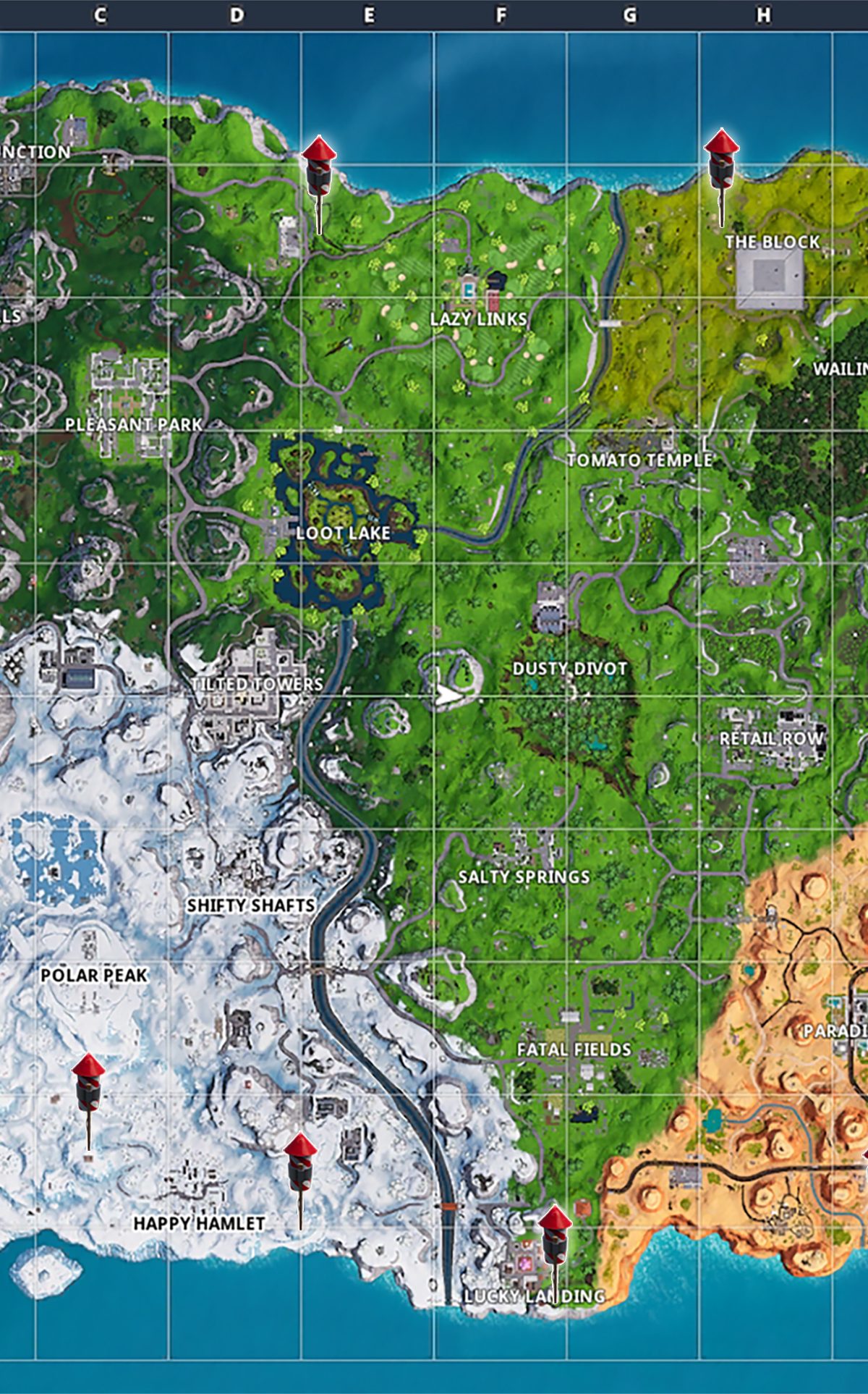 Fireworks locations on map | Fortnite Season 7 Week 4 Challenge guide: Launch fireworks at three locations