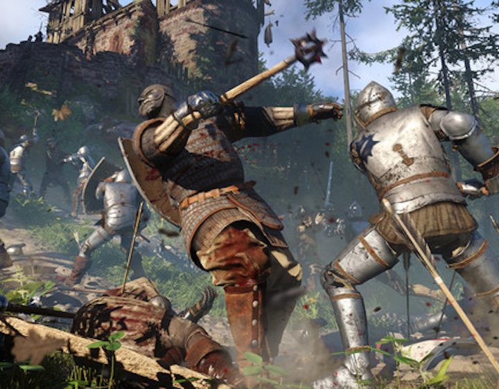 A knight killing a brute in a big battle.
