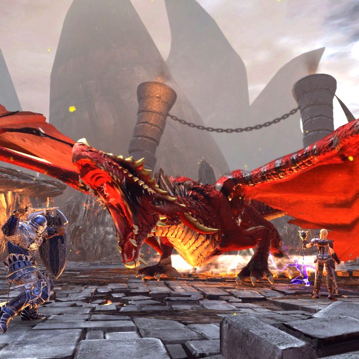 Knight fighting a dragon in Neverwinter.
