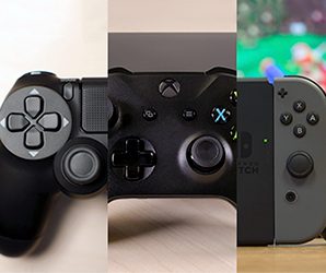 Tyiptych of PS4, Xbox, and Nintendo console controllers merged into one.