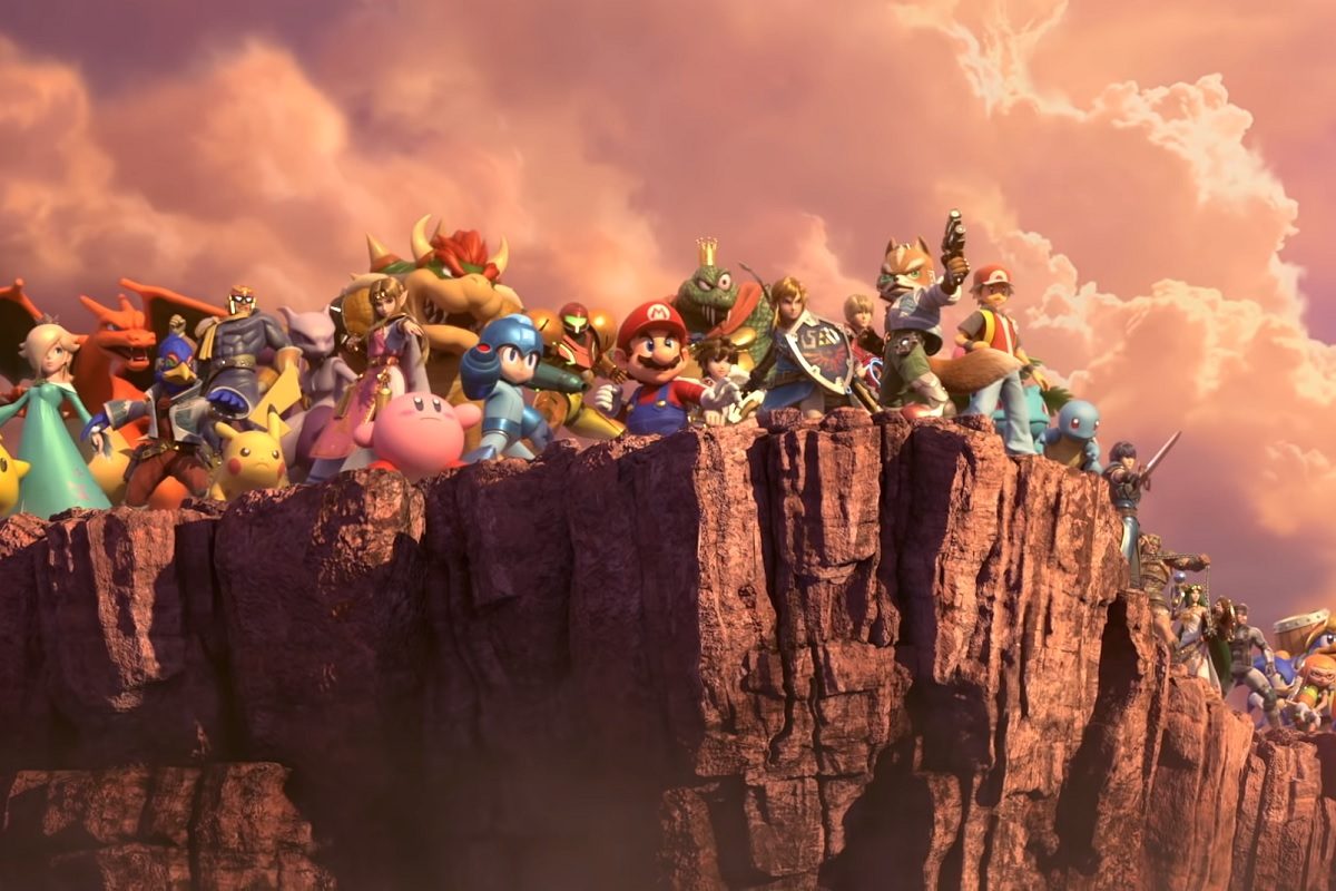 Nintendo characters standing on a cliff.