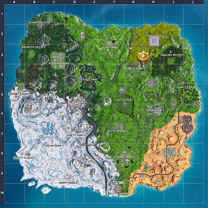 Battle Star Location on Map | fortnite season 7 week 5 challenges search between a giant rock man crowned tomato and encircled tree