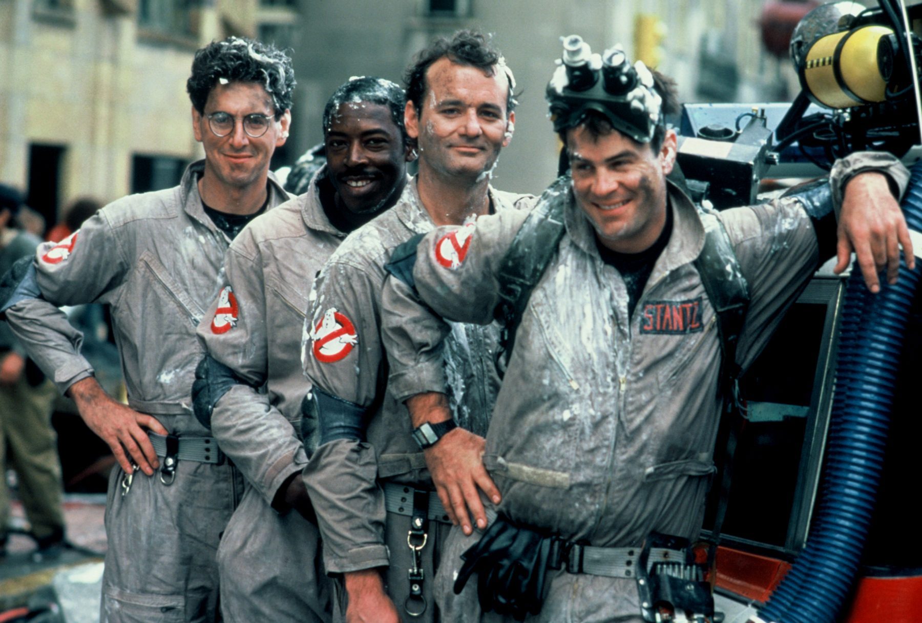 The four Ghostbusters posing together in the 1984 film.