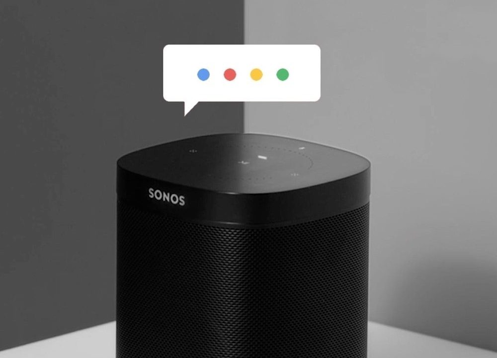 A Sonos One with a Google Assistant chat bubble floating above.